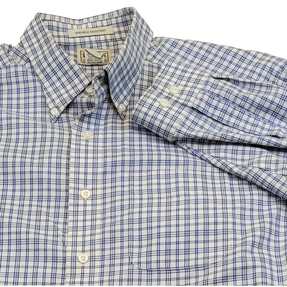 LL Bean Mens Wrinkle Resistant Button Down Shirt Blue Plaid Long Sleeve L REG